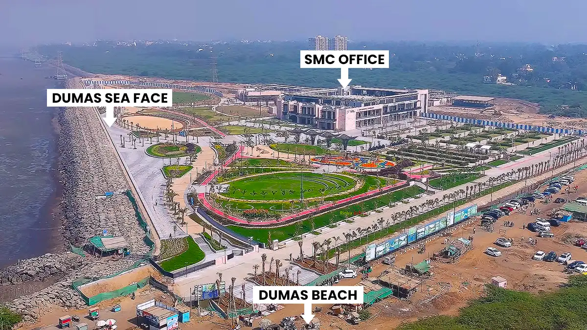 Aerial view of Dumas Sea Face and Dumas Beach in Surat showing the SMC Office, landscaped waterfront area, promenade, and Arabian Sea coastline